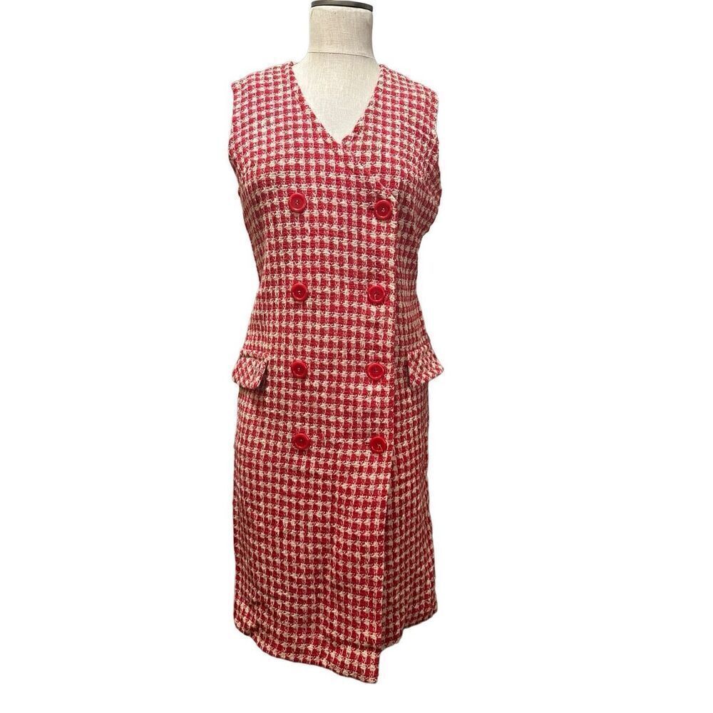 Vintage 60s Red and White Houndstooth Tweed Double Breasted Button Up Dress 11